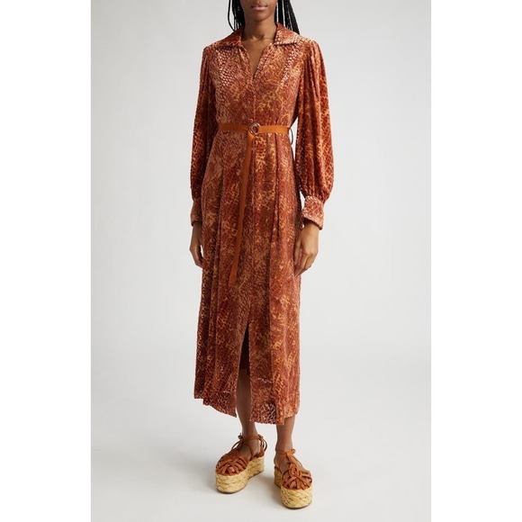 Ulla Johnson Thalia Long Sleeve Velvet Burnout Shirtdress Sienna Size 6 NWT - Picture 3 of 13